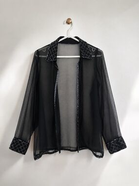 Vintage Black Sheer Chiffon Blouse with Sparkly Sequin Collar & Cuffs – Size M